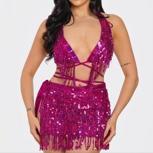 NEW NWT PINK COACHELLA Sequin Bikini Top And Fringe Bottom Festival Set large